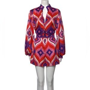 Alexis NWOT Red and Pink Plunge Neck Bishop Sleeve Romper